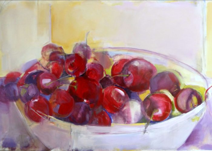 Cherries In A Bowl - painting, acrylic on canvas by artist Neva Bergemann