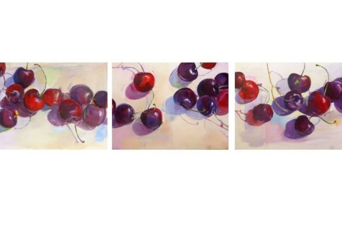 Cherry Triptych painting, acrylic on canvas by artist Neva Bergemann