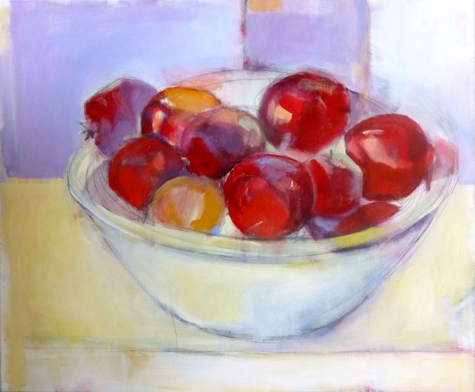 Pomegranates In A Bowl - painting, acrylic on canvas by artist Neva Bergemann