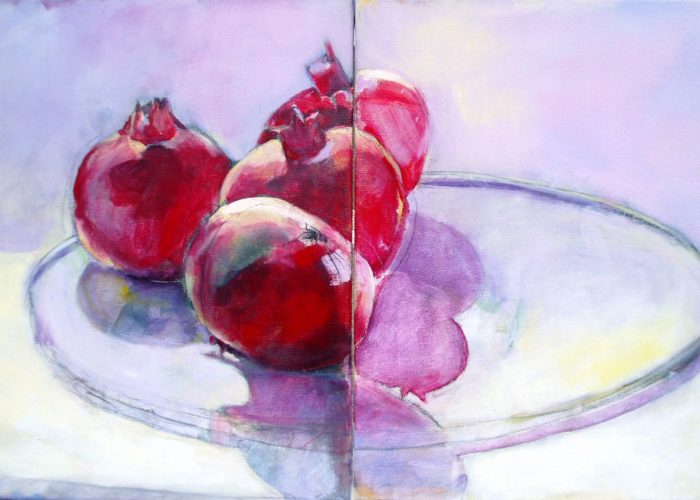 Pomegranates On A Plate - painting, acrylic on canvas by artist Neva Bergemann