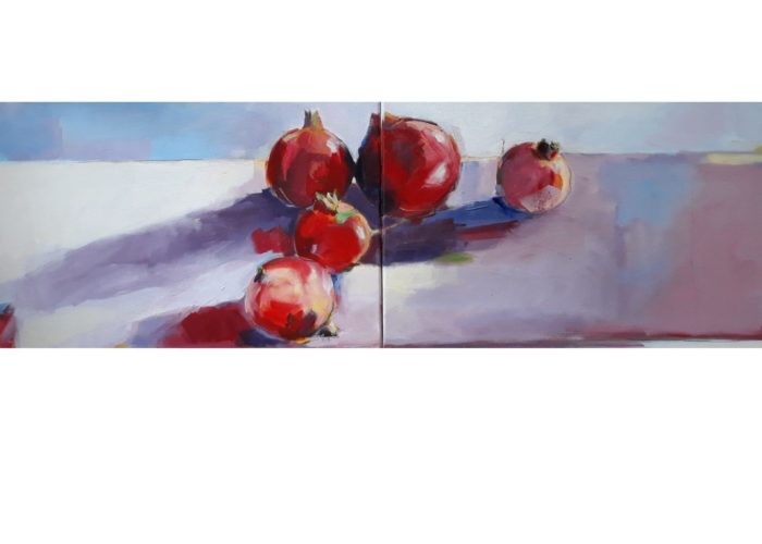 Pomegranates On A Table, - painting, acrylic on canvas by artist Neva Bergemann